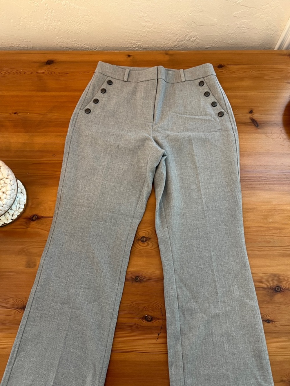 White House Black Market Light Gray Wide-Leg Trousers with Button Details